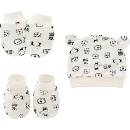 Baby Anti Scratching Cotton Gloves+Ears Hat+Foot Cover Set Mittens Socks Beanie 54DA