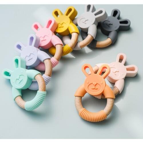 8 Colors Baby Toys Food Grade Silicone Teether Baby Teether Beech Wooden Rabbit Ring Hand Teething Rattles Infant Teether