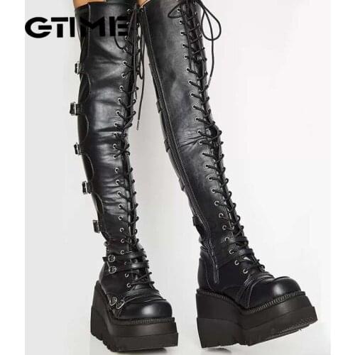 Design Female High Platform Thigh High Boots Fashion Buckle Punk High Heels Boots Women Cosplay Wedges Boots Woman #SJPAE-699