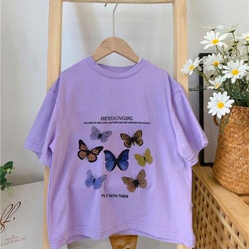 White Purple Pink Short Sleeve Cartoon Girls T-shirt Summer Casual Kids Tshirt Tops Boys Butterfly Cute T Shirt Street Clothing
