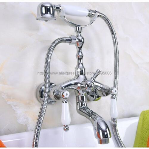 Chrome Finish Bathroom Clawfoot Bathtub Faucet With Brass Handheld Shower Head Cold Hot Water faucet Mixer Tap Bna220