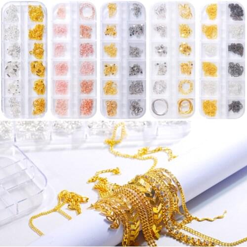 12 Grids/Box Multi Colored Ring Buckle Chains Fashion Metal 3D Studs Tips Nail Art Decorations Diy Manicure Jewelry Nails
