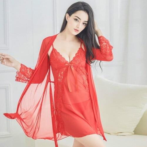 Sling Lace Nightie Ladies Sexy Lingerie Large Size Three-piece Suit Nightwear Night Dress Sexy Sleepwear Nightdress Sleep Tops