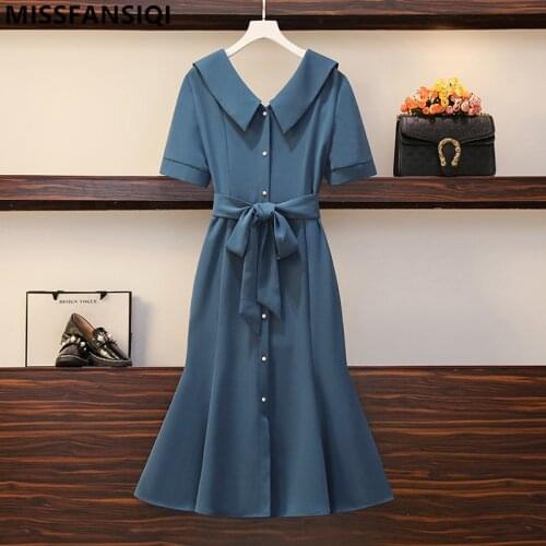 Summer Plus Size Dresses For Women 2021 Sweety Dusty Blue Peter Pan Collar Bow Large Mid-Calf Womens Dress L XL 2XL 3XL 4XL