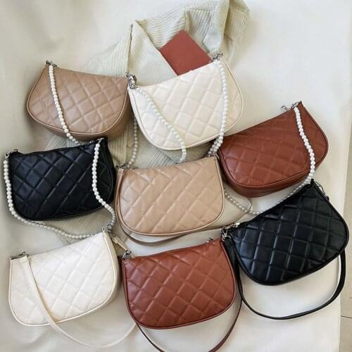 Fashion Women Lattice Pattern PU Leather Shoulder Crossbody Messenger Bag Casual Ladies Pearl Chain Solid Color Small Purse