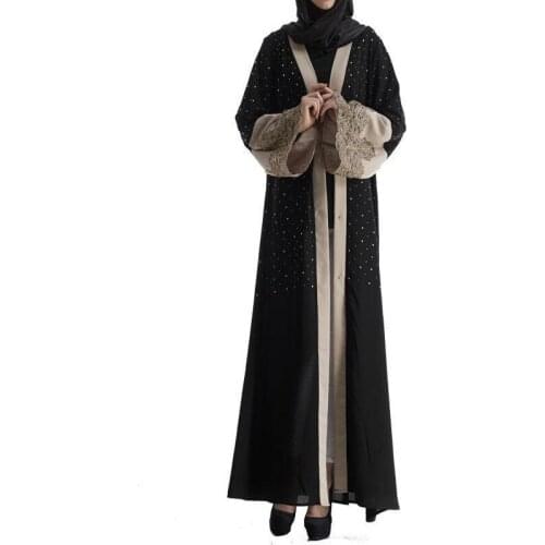 Dubai Muslim Dress Beading Kaftan Open Abaya Long Robe Lace-up Hijab Dresses Outwear Tunic Arab Jubah Islamic Clothing Abayas