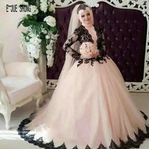 E JUE SHUNG Muslim Wedding Dresses High Neck Long Sleeves Pink and Black Lace Ball Gown Bridal Gowns Arabic vestidos de novia