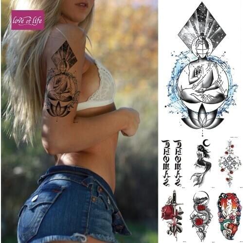 1Pcs Lotus Buddha Temporary Tattoo Sticker Shakyamuni Flash Waterproof Tatto Rose Sanskrit Body Art Arm Fake Tatoo Women Men