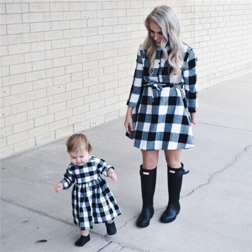 New Mother Daughter Dresses Long Sleeve Plaid Mini Dress Mother Daughter Clothes Mom and Daughter Dress Family Matching Clothes