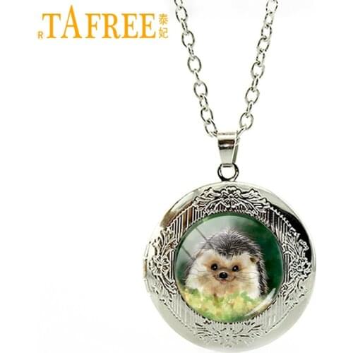 TAFREE Hedgehog In The Fog locket Necklace men women pendant for Handmade choker round Glass animal style metal jewelry H227