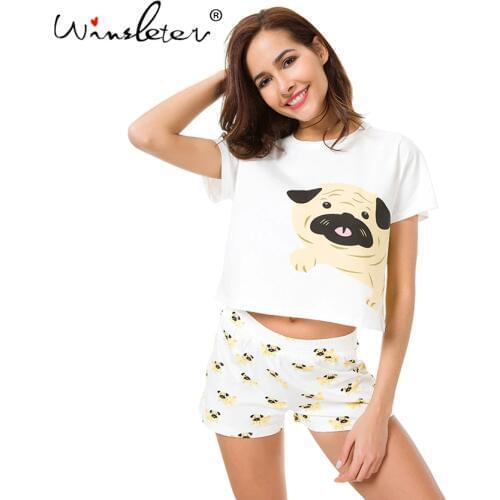 Cute Dog Pajama Set Women Pug Print 2 Pieces Set Crop Top + Shorts Elastic Waist Pajamas Loose Home Wear Lounge pyjamas S6801