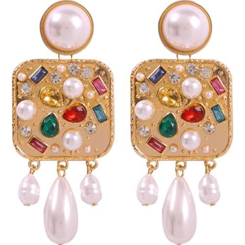 Fashion Simulated Pearl Waterdrop Dangle Earrings for Women Girl Square Geometric Rhinestone Drop Earrings Party Accessories