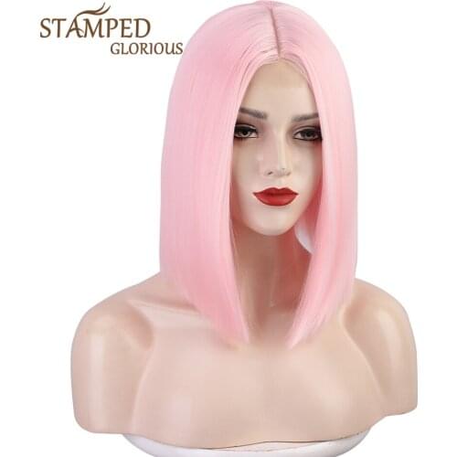 Stamped Glorious Short Straight Synthetic Wigs for Women Middle Part Full Head Heat Resistant Pink Red Blonde Brown Cosplay Wig