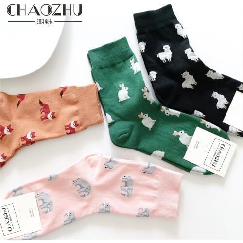 CHAOZHU New Korea Japanese Cartoon Lovely Animals Rabbit Fox Elephant Alpaca Cute 200 Needles Knitting Women Socks 4 Seasons