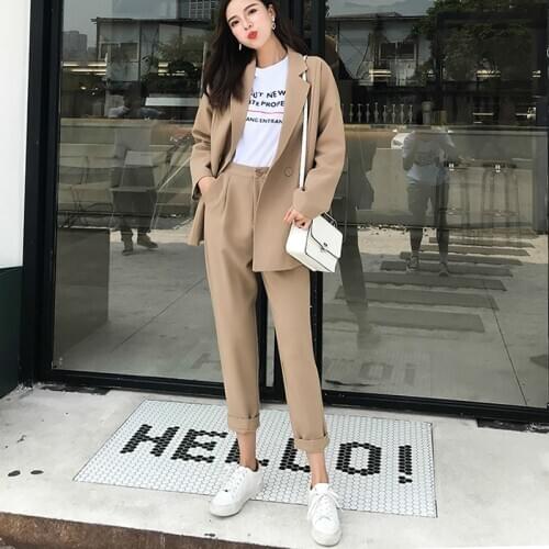 Casual Solid Women Pant Suits Notched Collar Blazer Jacket & Pencil Pant Khaki Female Suit Autumn 2020 High Quality