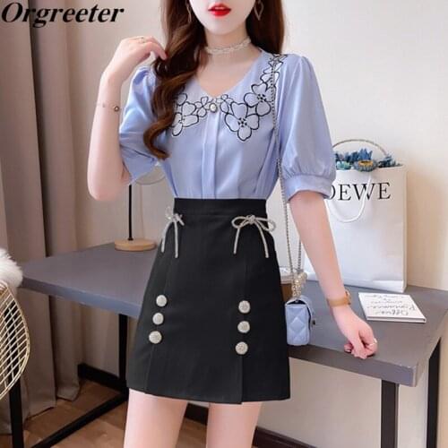 2021 Summer New Elegant Ladies Two piece Diamond-studded Bow double-breasted High waist Split Mini Skirt Chiffon Shirt Sets