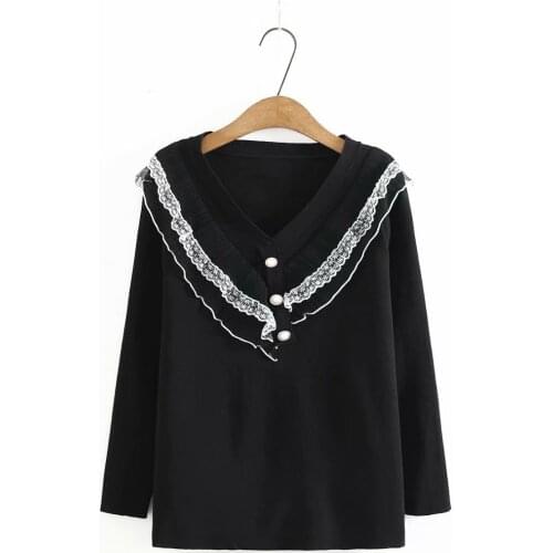 Ladies sweater oversize autumn winter 2021 NEW black white womens clothing fashion v-neck lace patchwork button Womens jumper