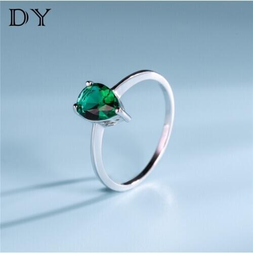 DY Solitaire 925 Sterling Silver Ring Pear Shape Gemstone Emerald Glass Cubic Zirconia Simple Ring For Women Trendy Jewelry