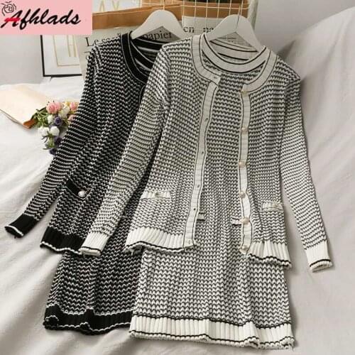 New Autumn Striped Knitted Bodycon Bottoming Dress Female + Long Sleeved Single-Breasted Round Neck Jacket Two-Piece Sets