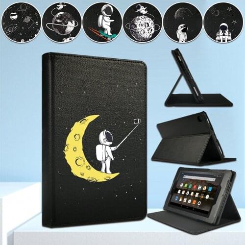 Tablet Case for Amazon Fire 7 /Fire HD 8 /Fire HD10 Alexa Front Bracket Soft PU Leather Astronaut Pattern Protective Case+Stylus