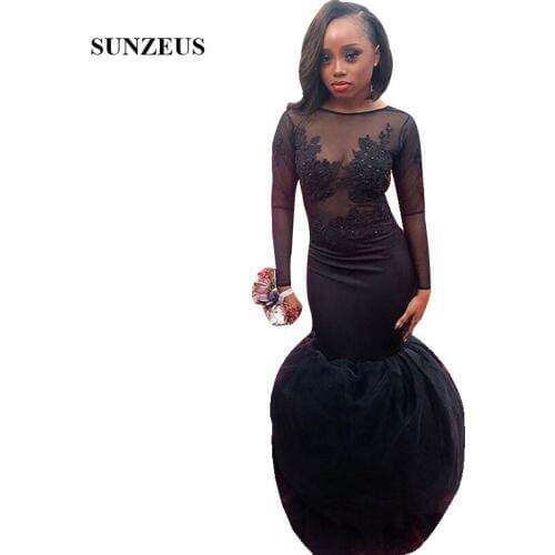 Mermaid Black Prom Gowns With Long Sleeves Appliques Illusion Bodice Trumpet Party Dress Long vestidos gala