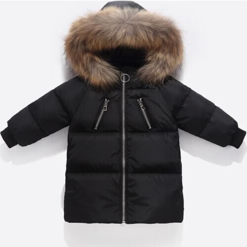 Children Down Jacket Girls Mid-Length Thick Large Fur Collar Boys Baby Solid Color Jacket 2-8 Y Childrens Winter Outerwear