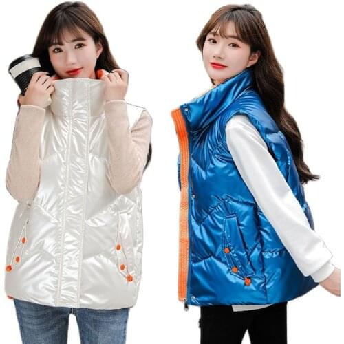 Glossy Disposable Down Cotton Short Waistcoat Womens Jacket For Fall/Winter 2021 New Loose Vest Coat Female Sleeveless Outwear