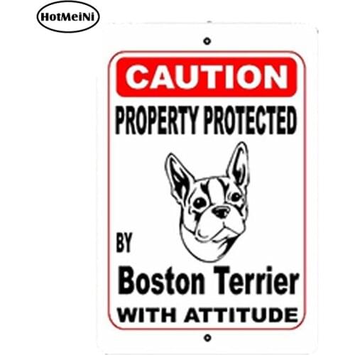 HotMeiNi 12cm X 8cm Car Styling Waterproof Property Protected By Boston Terrier Dog Breed With Attitude Metal Sign Car Sticker