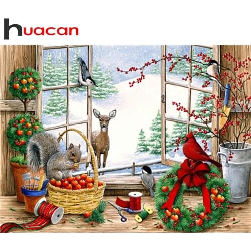 Huacan 5d DIY Full Square/Round Diamond Painting Mosaic Window Winter Squirrel Deer Diamond Embroidery Christmas Landscape New