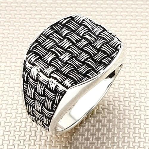 Sterling Silver Striped Model Ring Handcarved Vintage Oxidized Ring For Men Made in Turkey