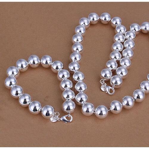 S205 Hot Sale Free Shipping Silver Fine 925 Jewelry Sets Sterling-Silver Charms Fashion 14M Hollow Ball Link Bracelet Necklace