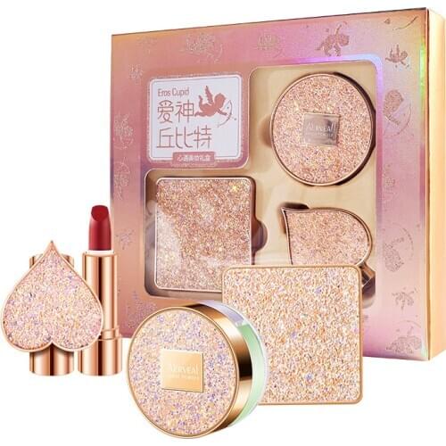 2021 Cosmetic Set Makeup Air Cushion Finishing Powder Face Powder Pearly Lustre Non-Stick Cup Lipstick Kit Valentine Day Gift