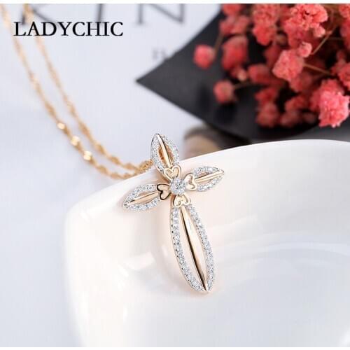 LADYCHIC Elegance Gold Color Flower Leaf Cross Pendant Necklaces for Women and Girl Trendy Crystal Necklace Gift Collares LN1063