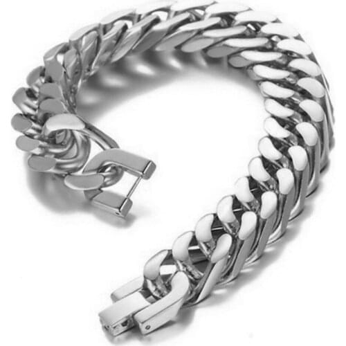 Fashion 15mm Metal Stainless Steel Silver Color Double Cuban Curb Chain Jewelry Mens Womens Bracelet Bangle 7-11inch