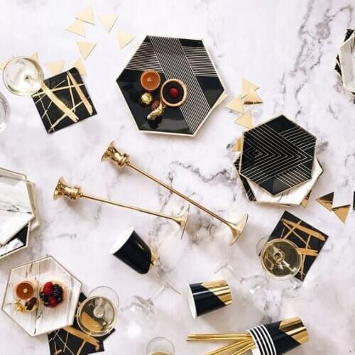 Free Shipping Black Foiled Gold Disposable Tableware set Paper Plates Napkins Cups Straws Birthday Party Wedding Christma Decor