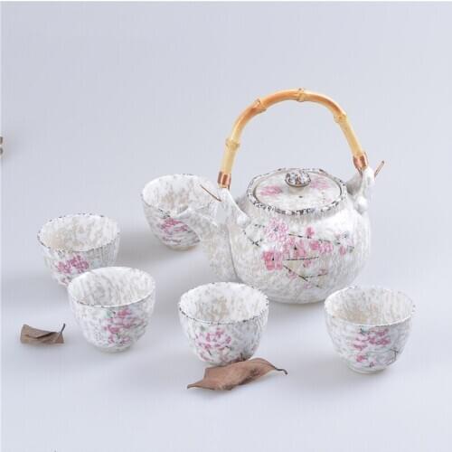 Japan Zakka Style Ceramic Teapot Cup Sets With Bamboo Handgrip 1 Teapot 750ML 5 Cups 100ML Small Pink Floral Printed Under Glaze