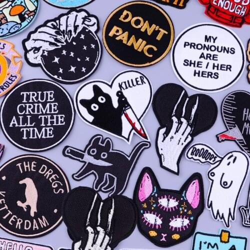 Punk Cat And Knife Stripes Embroideried Patches For Clothing DIY Iron On Patches On Clothes Skull Hippie Badges Custom Patches