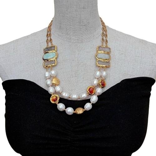 YYGEM 21"-22" 2 Strands Natural Cultured White RicePearl Amazonite Agate Druzy Connector Golden Murano Glass Necklace