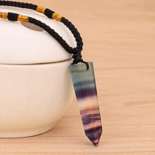 Natural Crystal Rainbow Fluorite Hexagonal Column Pendant Stripe Crystal Fluorite Necklace Health Energy Stone