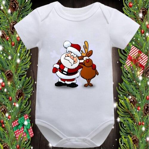 Merry Christmas Reindeer Graphic Printed Summer New Fashion Newborn Cute Cartoon Baby Romper Infant Short Sleeve White Onesies