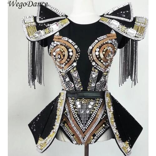 New armor style Bar Female DJ DS costumes Crystals stones bodysuit Nightclub Dancer stage show catsuit dance outfit
