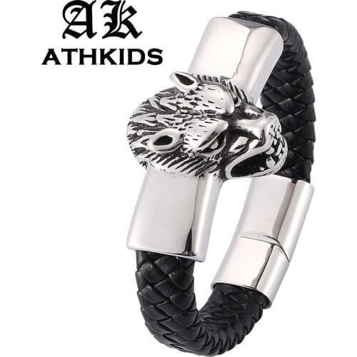 New Fashion Stainless Steel Men Bracelet war Wolf Black Charm Leather Bracelet Men Wristband Fashion Jewelry PD0286