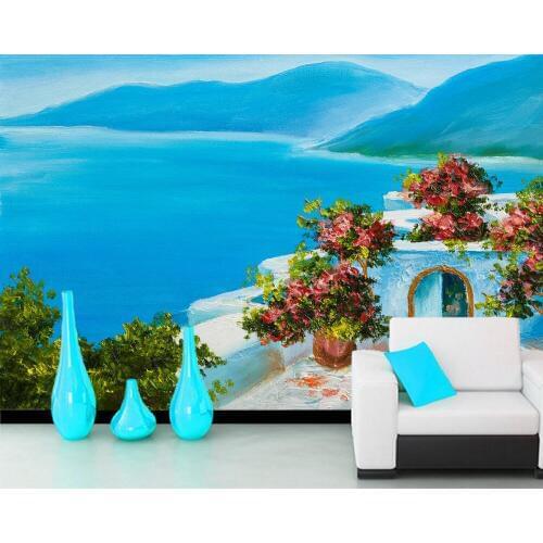 Papel de parede Summer seascape oil painting house flowers 3d wallpaper,living room tv wall bedroom wall papers home decor mural