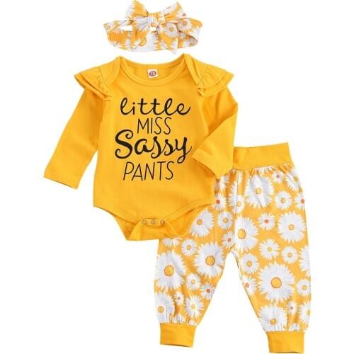 OPPERIAYA 3-piece Newborn Girls autumn casual Set Children Letter Print Long Sleeve Bodysuit Flower Print Pants and Hair Band