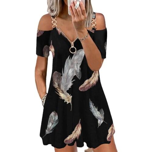 Feather Print A-Line Dress Women V-Neck Short Sleeve Off Shoulder Strap Sexy Party Dress Zipper Casual Dresses For Women