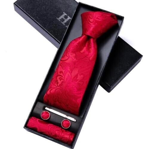 Hi-Tie Floral Classic Luxury Red Necktie For Men Mens Tie Set Silk Large Fashion Gift For Men Hanky Cufflinks Set High Quality