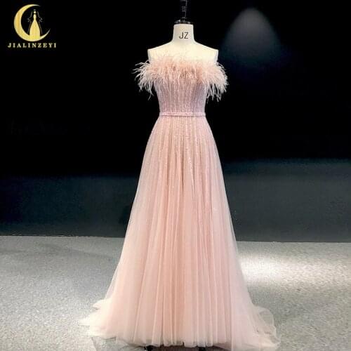 Rhine Real picture Pink Stapless Feather beads A-line robe longue abiti da seradress women evening dress long formal dresses