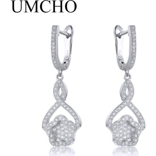UMCHO White Cubic Zircon Flower Earrings Solid 925 Sterling Silver Clip Earrings For Women Bride Wedding Classic Fine Jewelry