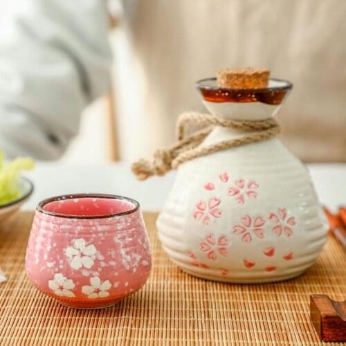 Japan Cherry Blossoms Ceramics Liquor Cup Retro Sake Cup Small Wine Cellar Liquor Pot Wine Bottle Household Barware Set