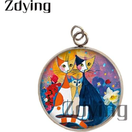Zdying Fashion Animal Jewelry Stainless Steel Cartoon Cat Family Pendant Glass Cabochon Photo Dome Charm Accessories YC057